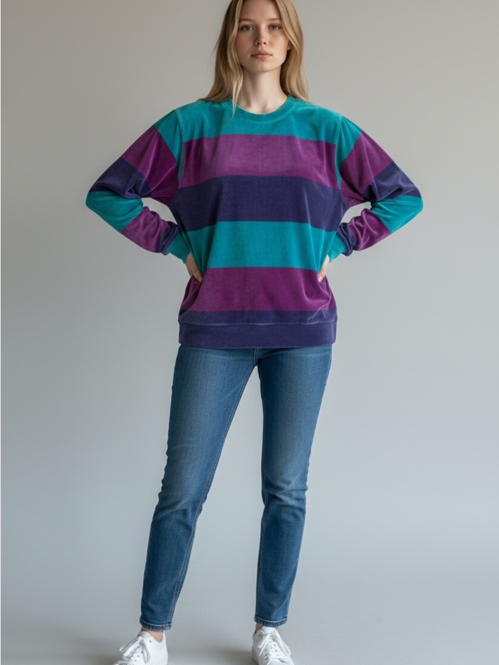 Vintage Liz Sport Relaxed Striped Crewneck Sweatshirt in Teal, Purple & Navy - Picture 1 of 4